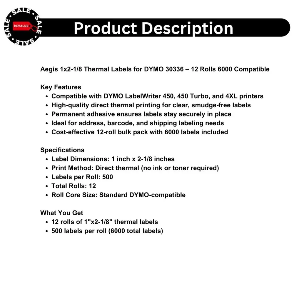 Aegis 1x2-1/8 Thermal Labels for DYMO 30336 – 12 Rolls 6000‎ Compatible